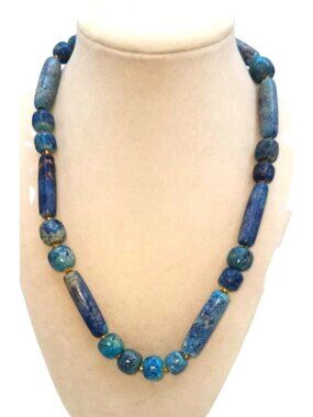 Blue Barrell Beaded Necklace With Gold-Tone Accents & Magnetic Clasp